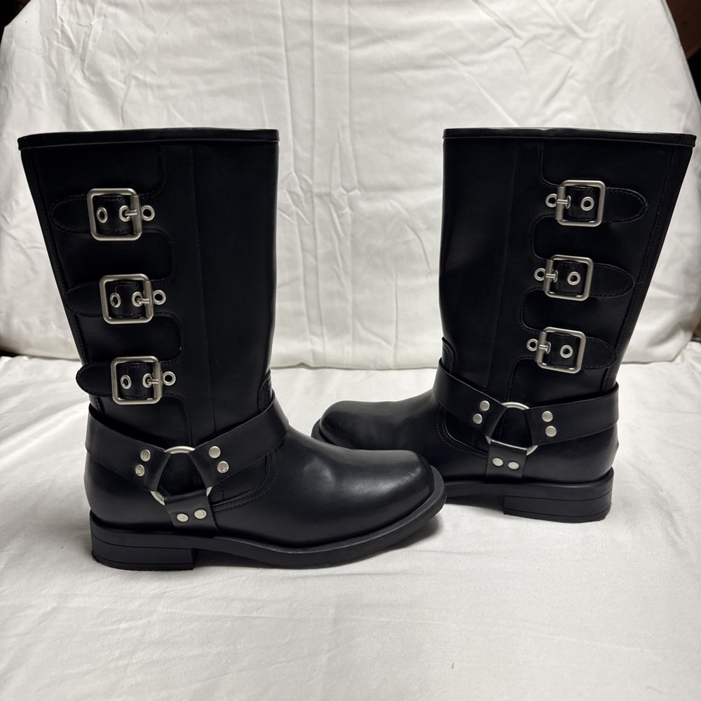 Girls Boots Square Toe Knee High Motorcycle Booties Buckles Riding Boots Size 1